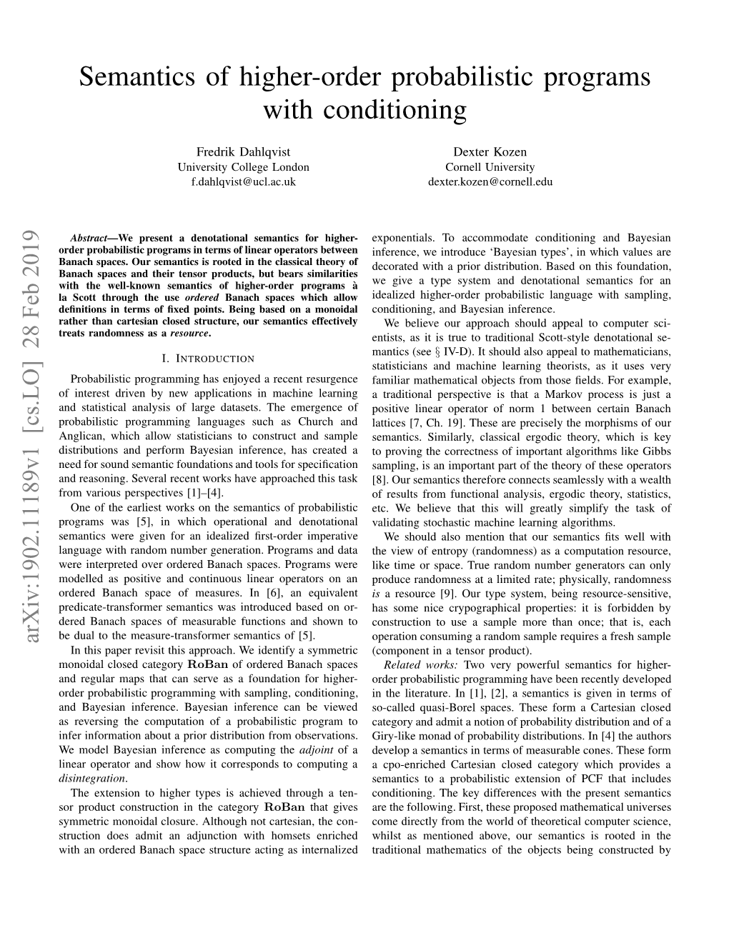 Semantics of Higher-Order Probabilistic Programs with Conditioning