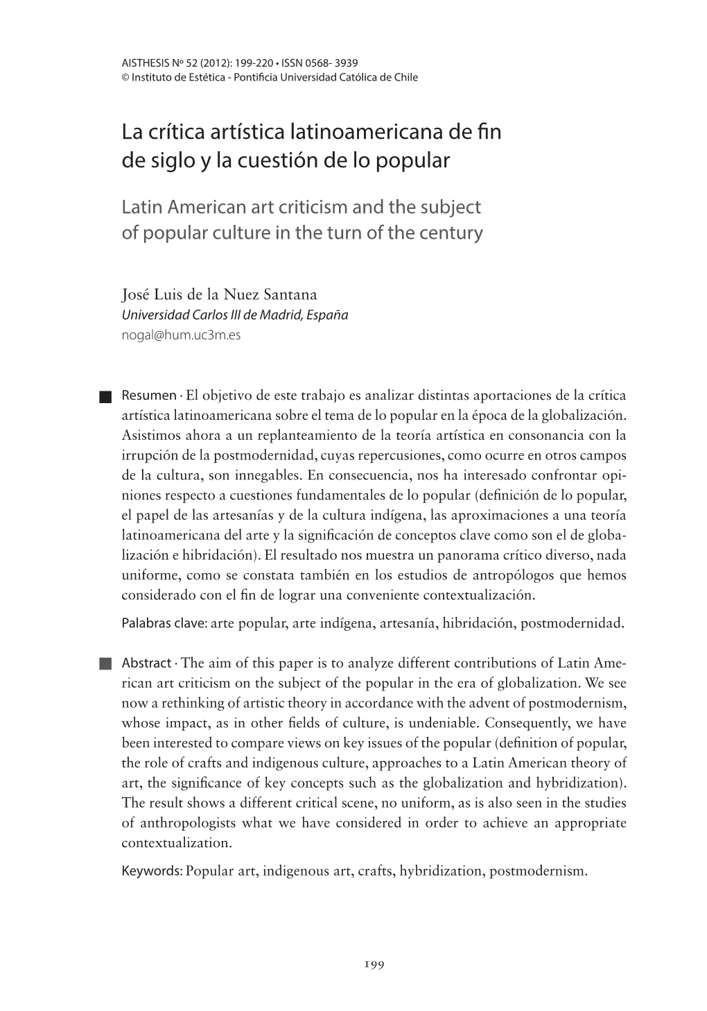 La Crítica Artística Latinoamericana De Fin De Siglo Y La Cuestión De Lo Popular