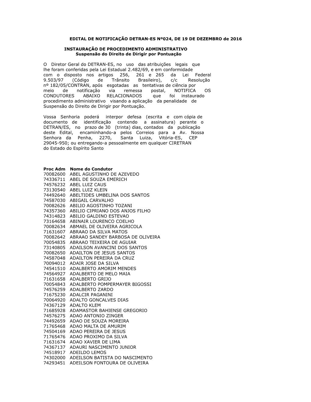 EDITAL DE NOTIFICAÇÃO DETRAN-ES Nº024, DE 19 DE DEZEMBRO De 2016