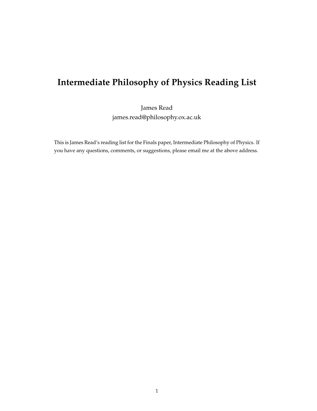 Intermediate Philosophy of Physics Reading List