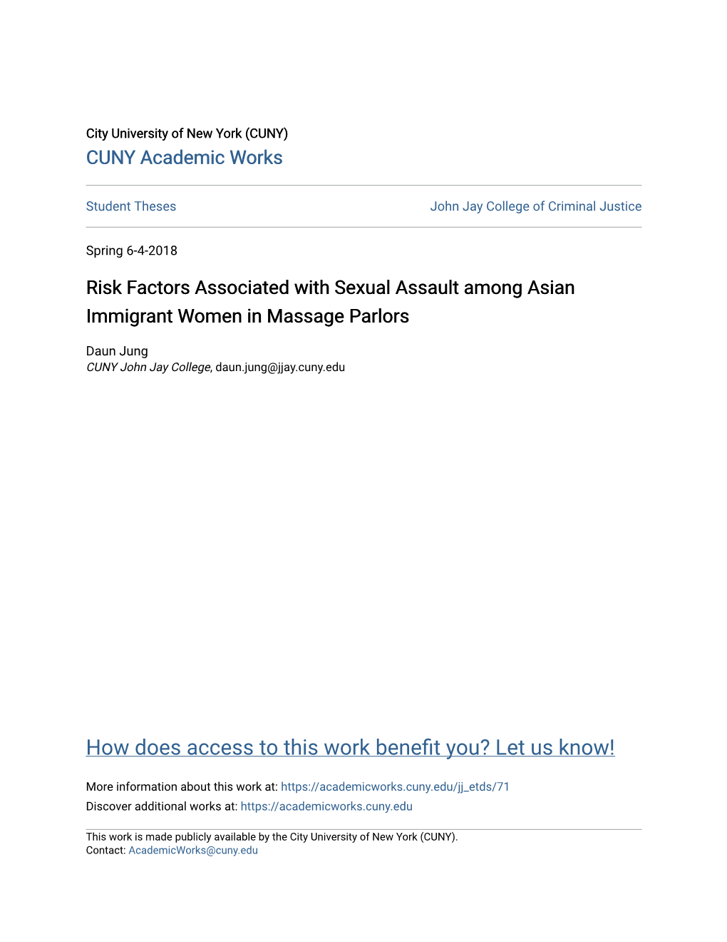 Risk Factors Associated with Sexual Assault Among Asian Immigrant Women in Massage Parlors