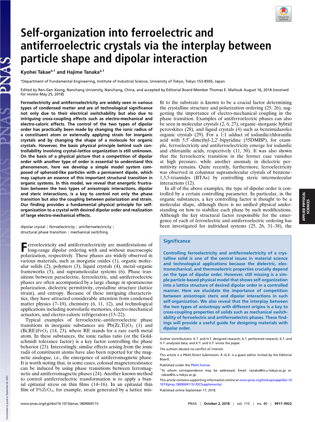 Self-Organization Into Ferroelectric and Antiferroelectric Crystals Via The