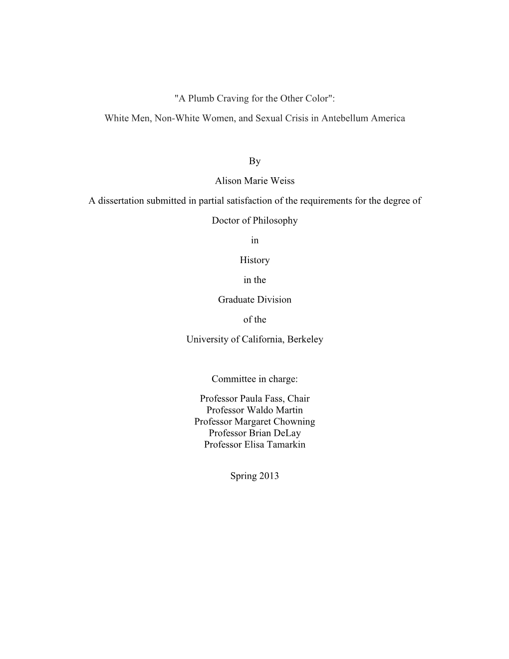 White Men, Non-White Women, and Sexual Crisis in Antebellum America