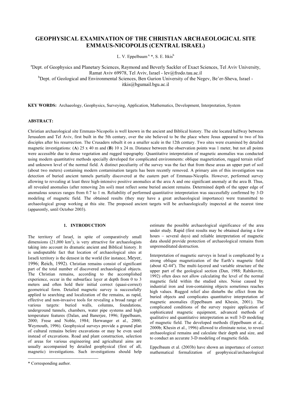 Geophysical Examination of the Christian Archaeological Site Emmaus-Nicopolis (Central Israel)