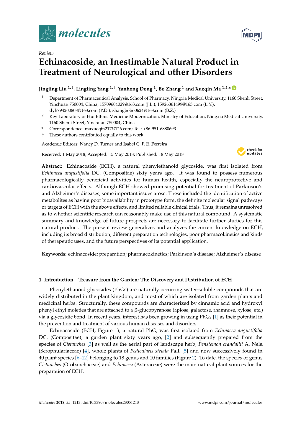 Echinacoside, an Inestimable Natural Product in Treatment of Neurological and Other Disorders