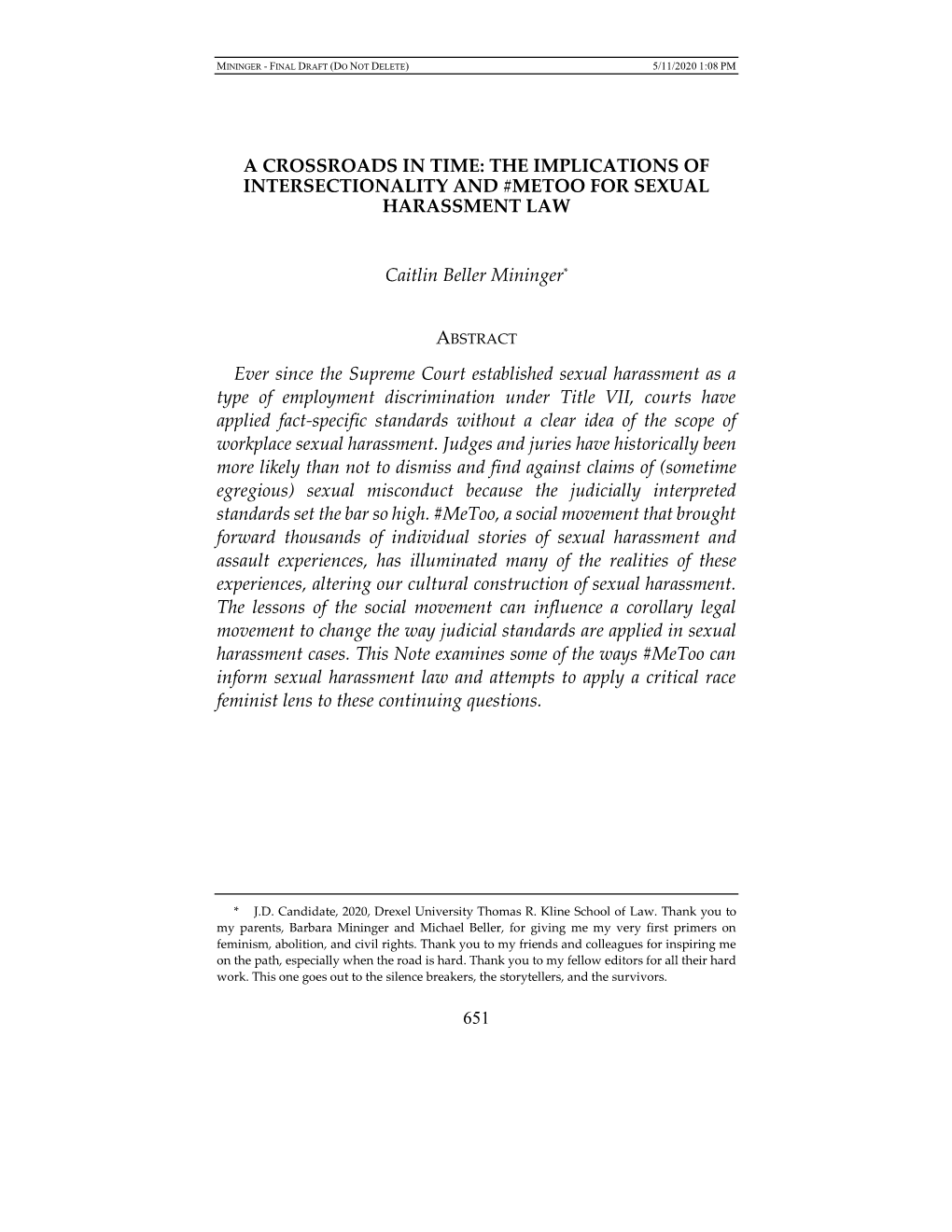 A Crossroads in Time: the Implications of Intersectionality and #Metoo for Sexual Harassment Law