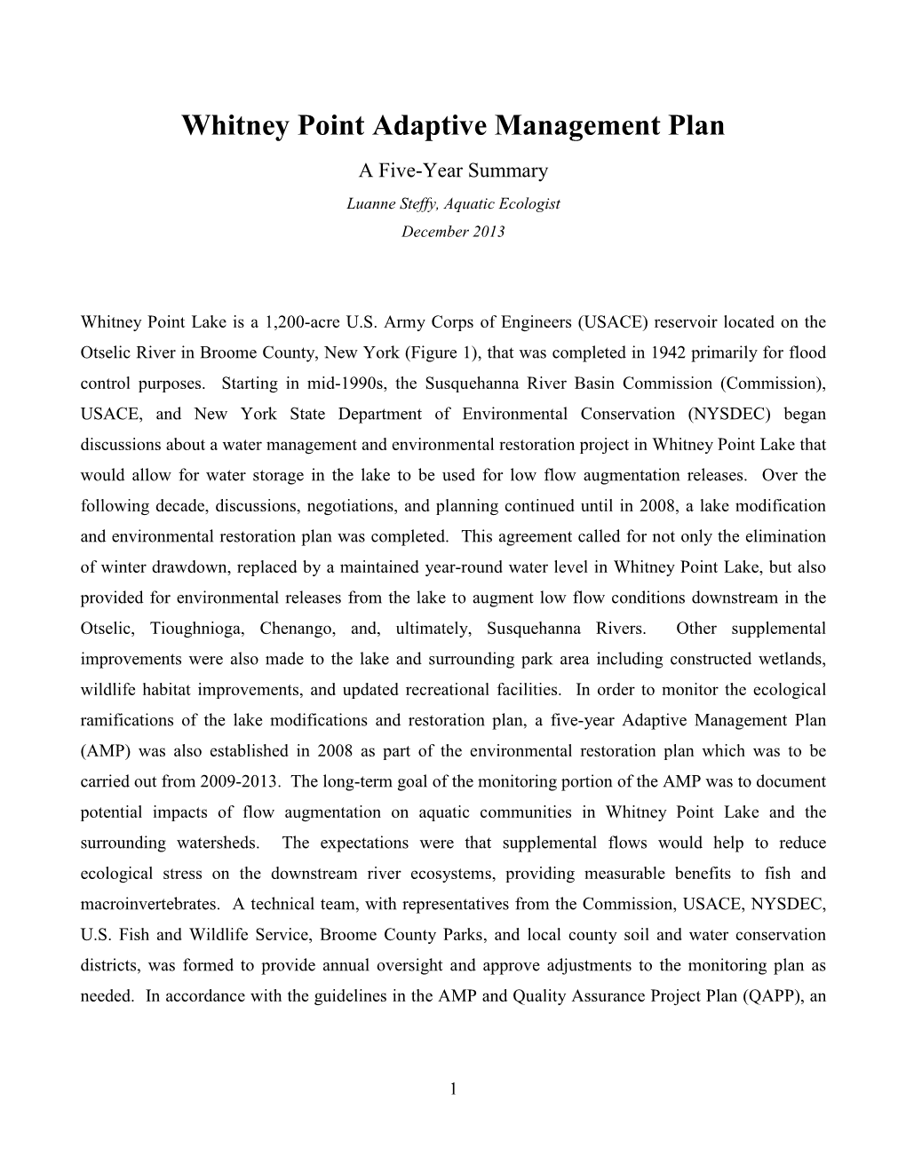 Whitney Point Adaptive Management Plan a Five�Year Summary Luanne Steffy, Aquatic Ecologist December 2013