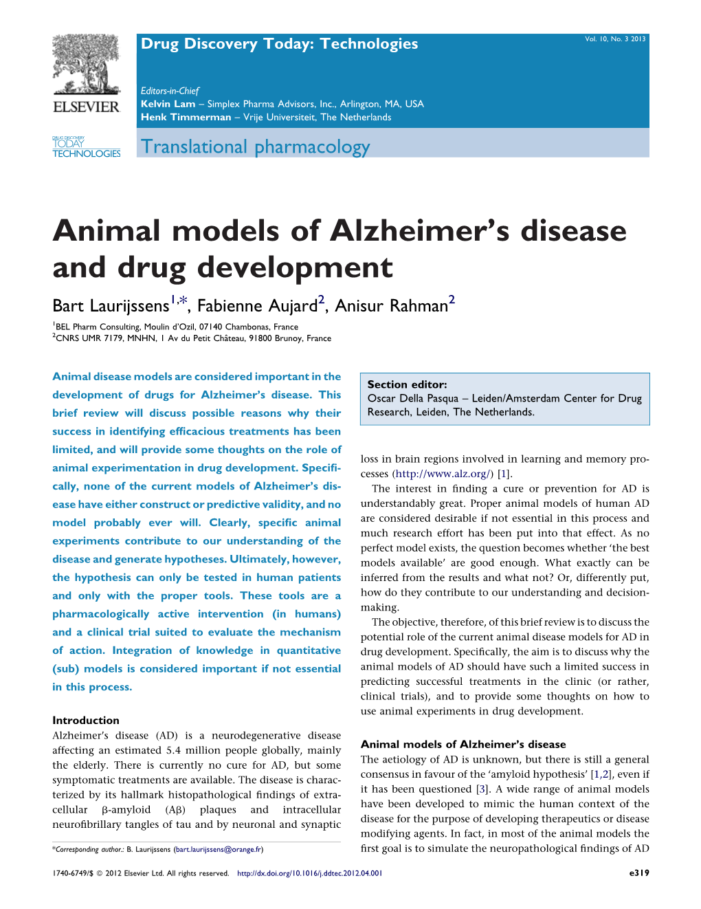 Animal Models of Alzheimer's Disease and Drug Development