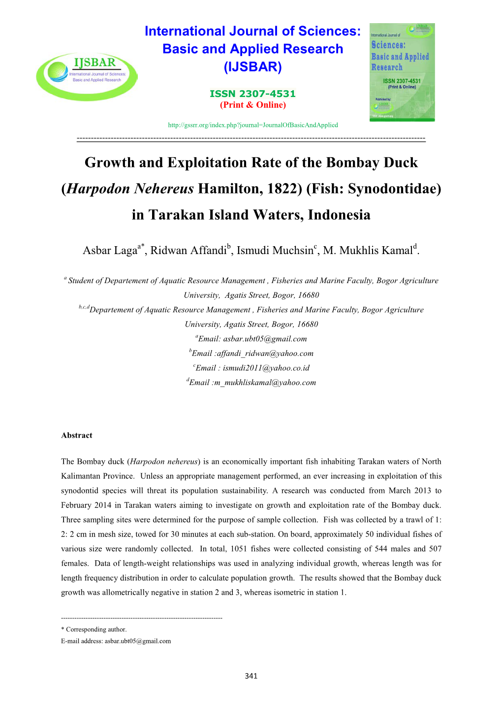 Growth and Exploitation Rate of the Bombay Duck (Harpodon Nehereus Hamilton, 1822) (Fish: Synodontidae) in Tarakan Island Waters, Indonesia