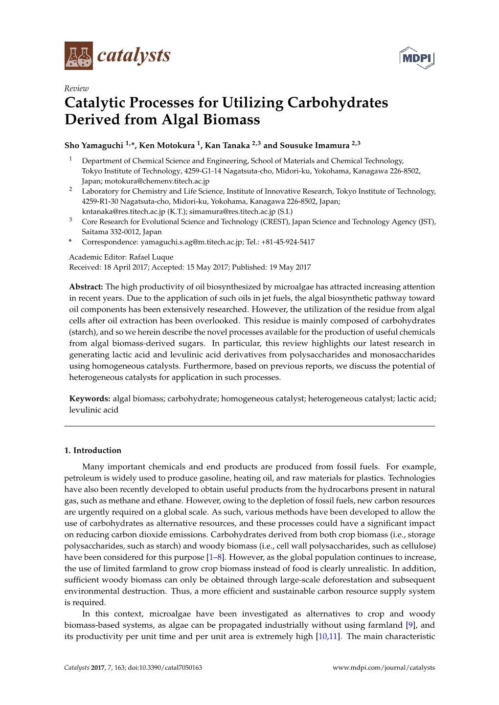 Catalytic Processes for Utilizing Carbohydrates Derived from Algal Biomass