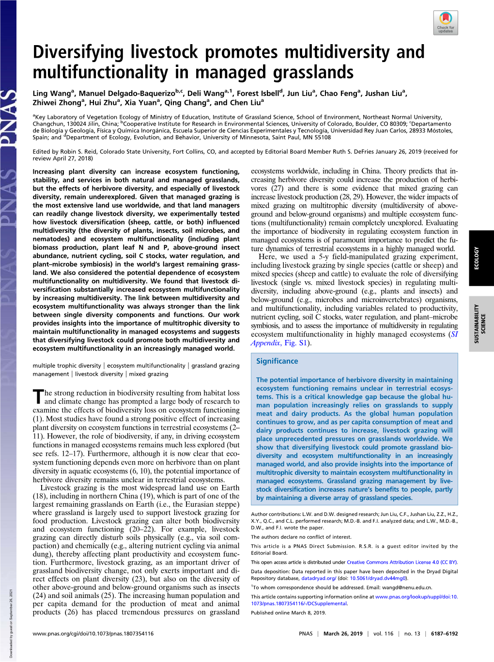 Diversifying Livestock Promotes Multidiversity and Multifunctionality in Managed Grasslands