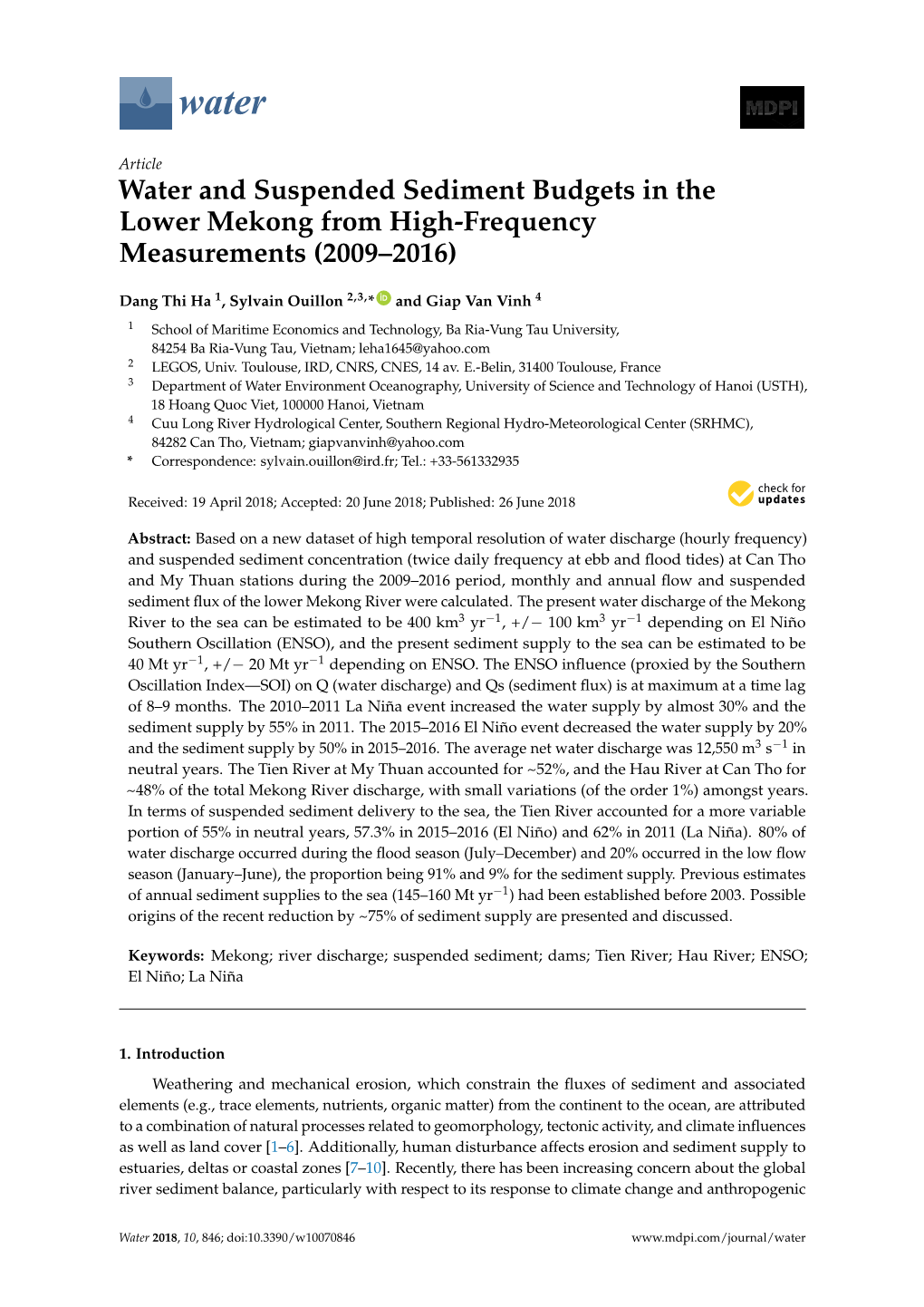 Water and Suspended Sediment Budgets in the Lower Mekong from High-Frequency Measurements (2009–2016)