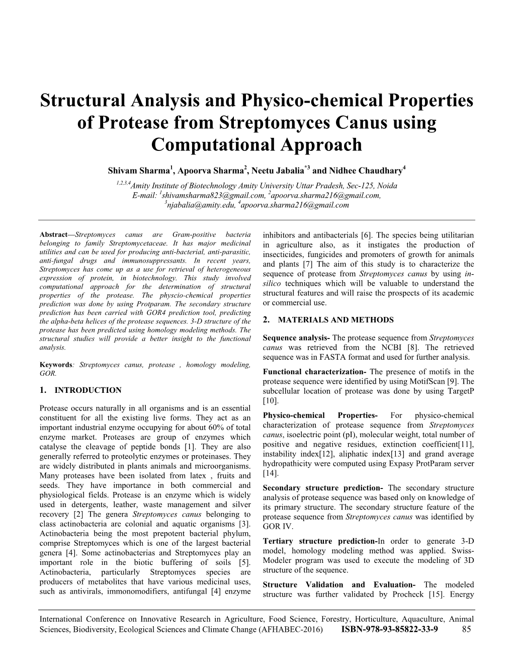 Structural Analysis and Physico-Chemical Properties of Protease from Streptomyces Canus Using Computational Approach