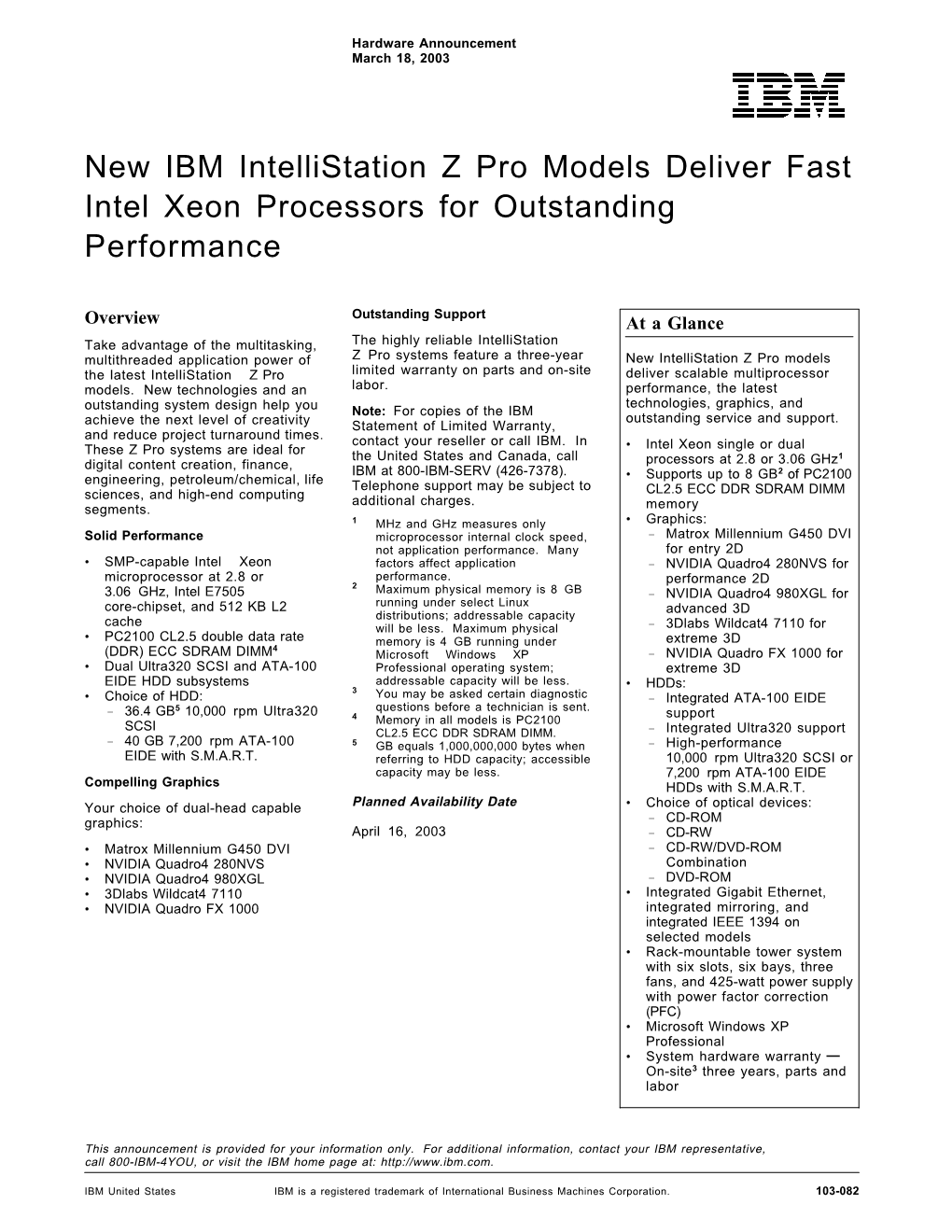 New IBM Intellistation Z Pro Models Deliver Fast Intel Xeon Processors for Outstanding Performance