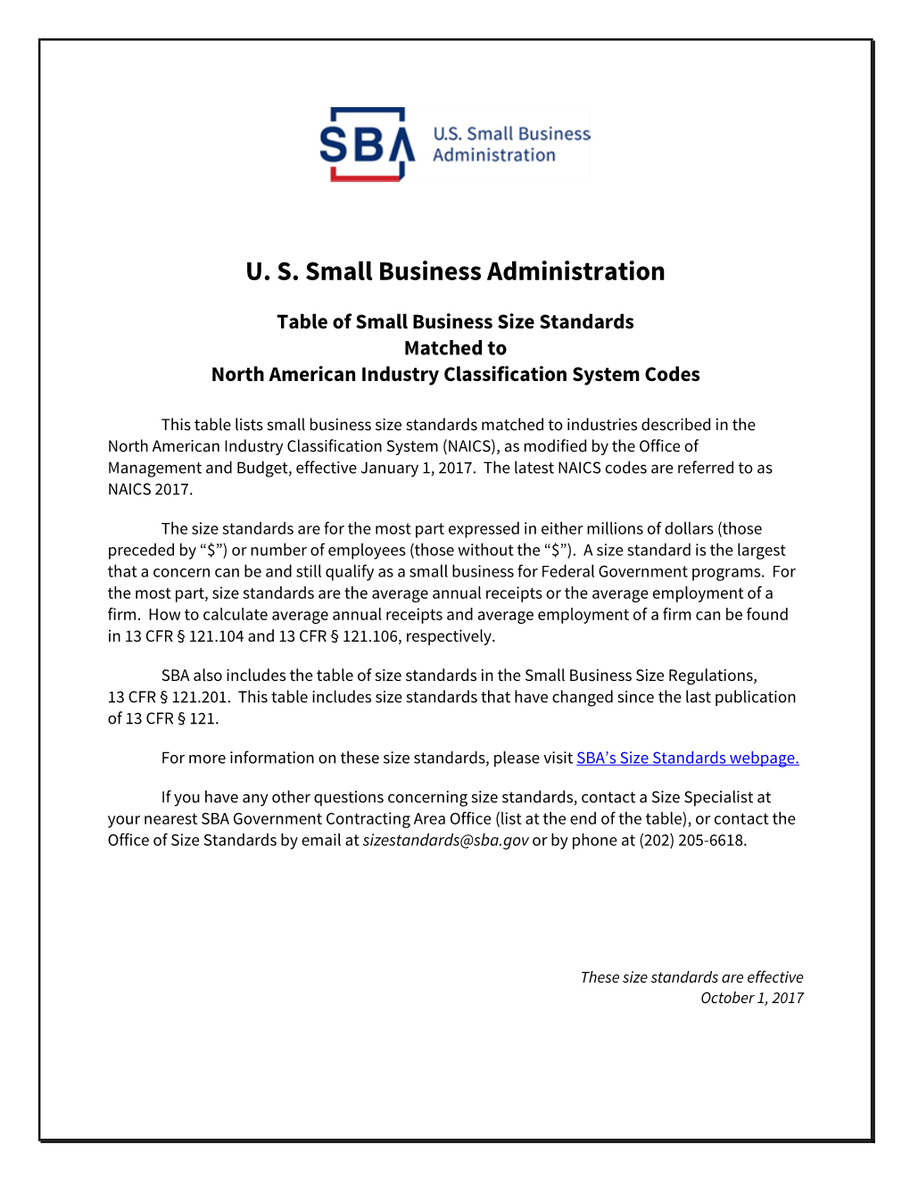 SBA Table of Small Business Size Standards