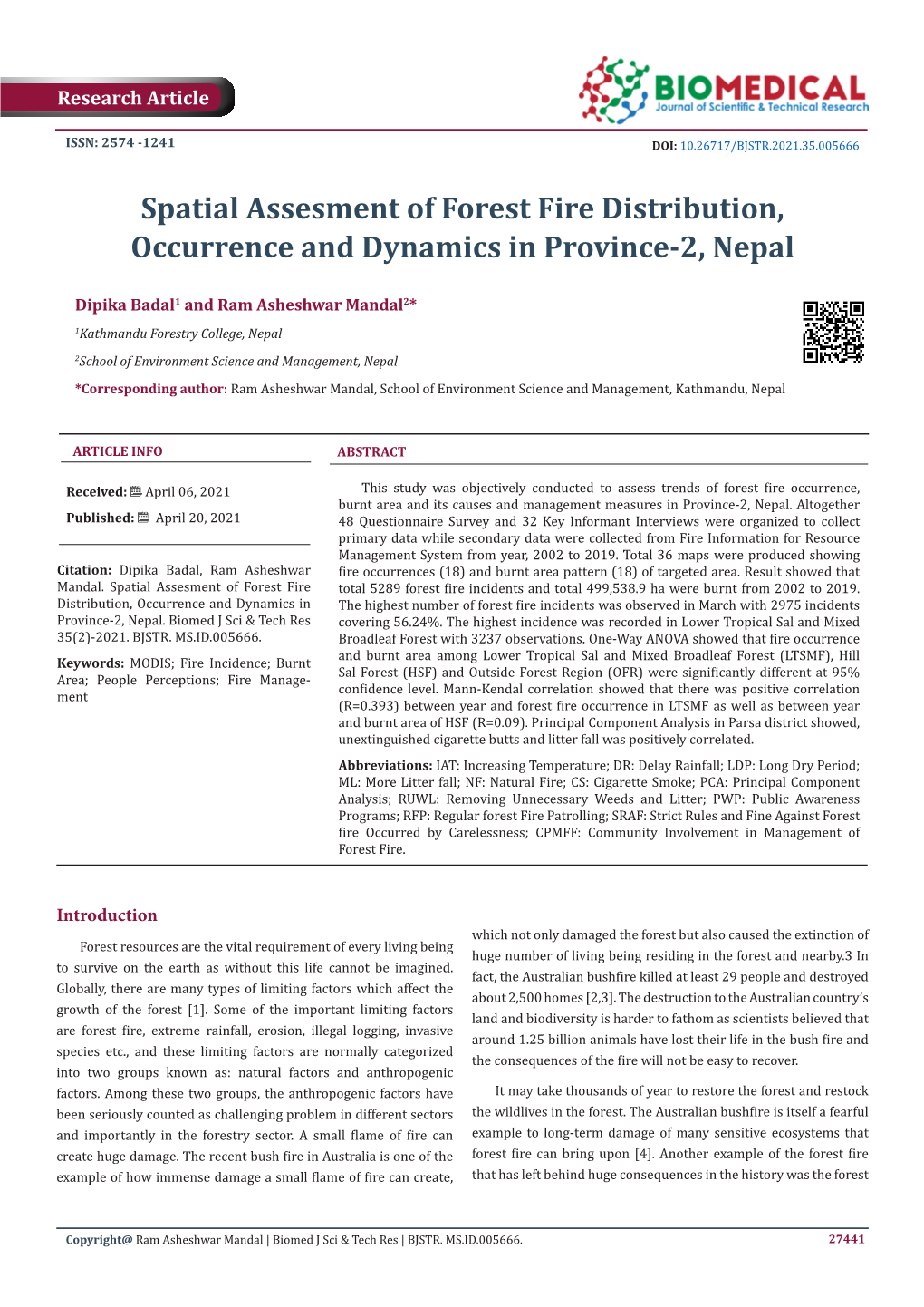 Spatial Assesment of Forest Fire Distribution, Occurrence and Dynamics in Province-2, Nepal