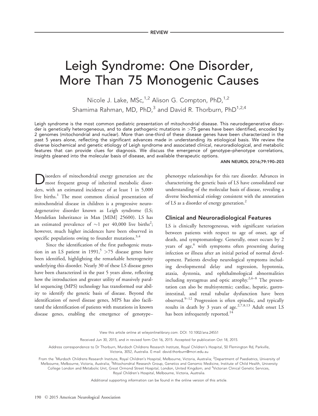 Leigh Syndrome: One Disorder, More Than 75 Monogenic Causes