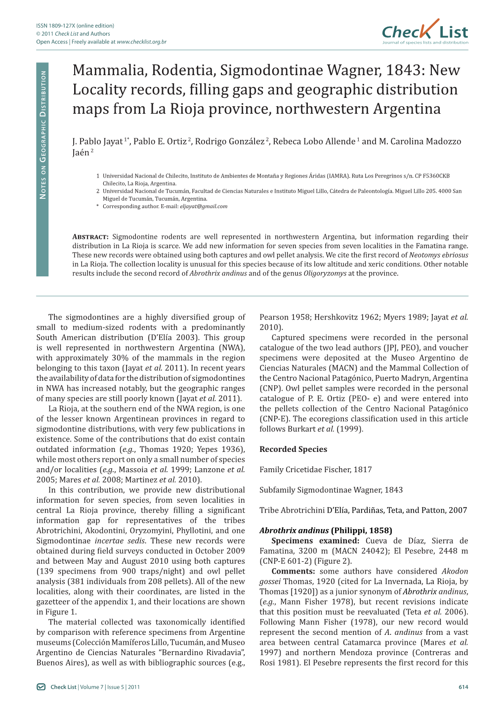 Mammalia, Rodentia, Sigmodontinae Wagner, 1843: New Locality Records, Filling Gaps and Geographic Distribution Maps from La Rioja Province, Northwestern Argentina