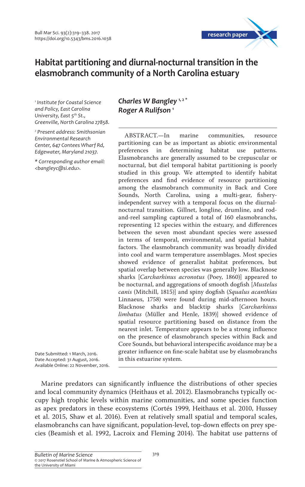 Habitat Partitioning and Diurnal-Nocturnal Transition in the Elasmobranch Community of a North Carolina Estuary