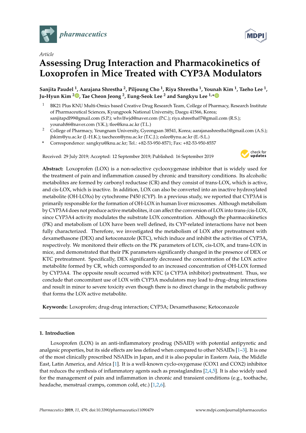 Assessing Drug Interaction and Pharmacokinetics of Loxoprofen in Mice Treated with CYP3A Modulators