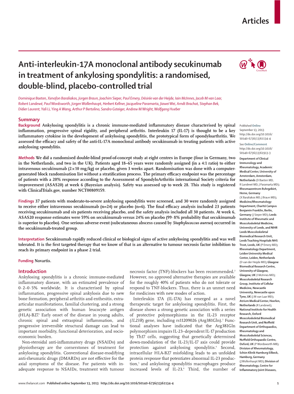 Anti-Interleukin-17A Monoclonal Antibody Secukinumab in Treatment of Ankylosing Spondylitis: a Randomised, Double-Blind, Placebo-Controlled Trial