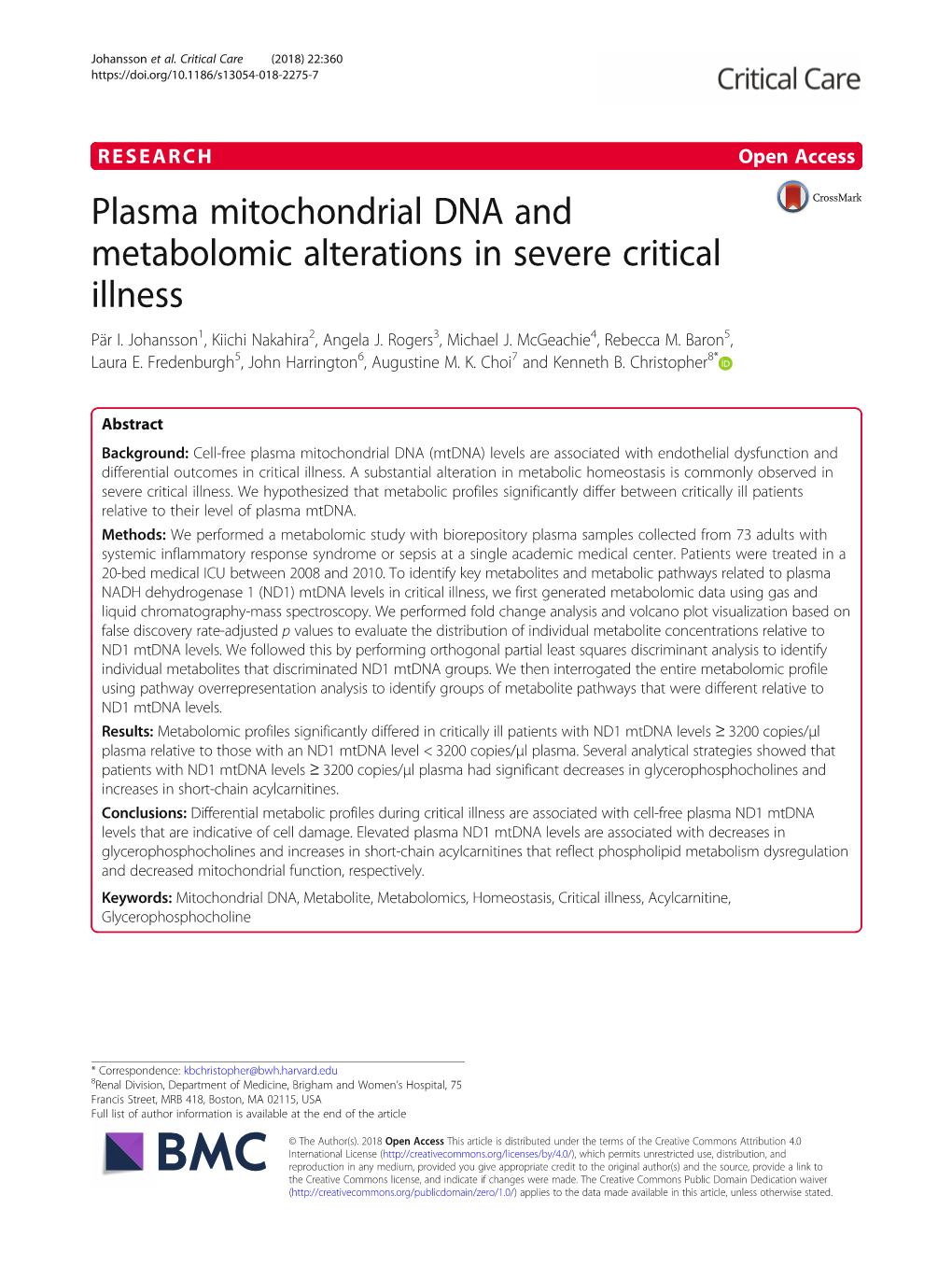 Plasma Mitochondrial DNA and Metabolomic Alterations in Severe Critical Illness Pär I