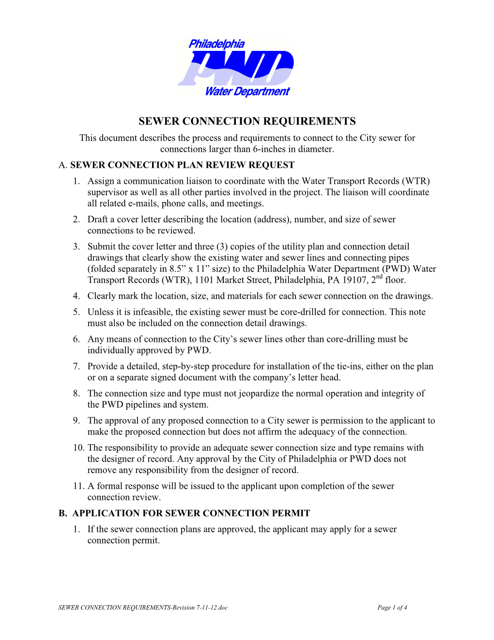 This Document Describes the Process and Requirements to Connect to the City Sewer for Connections Larger Than 6-Inches in Diameter
