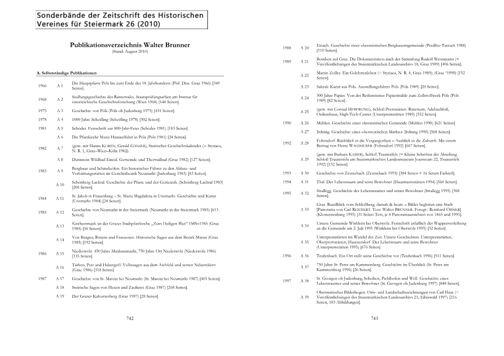 Publikationsverzeichnis Walter Brunner 1988 a 20 (Stand: August 2010) [110 Seiten]