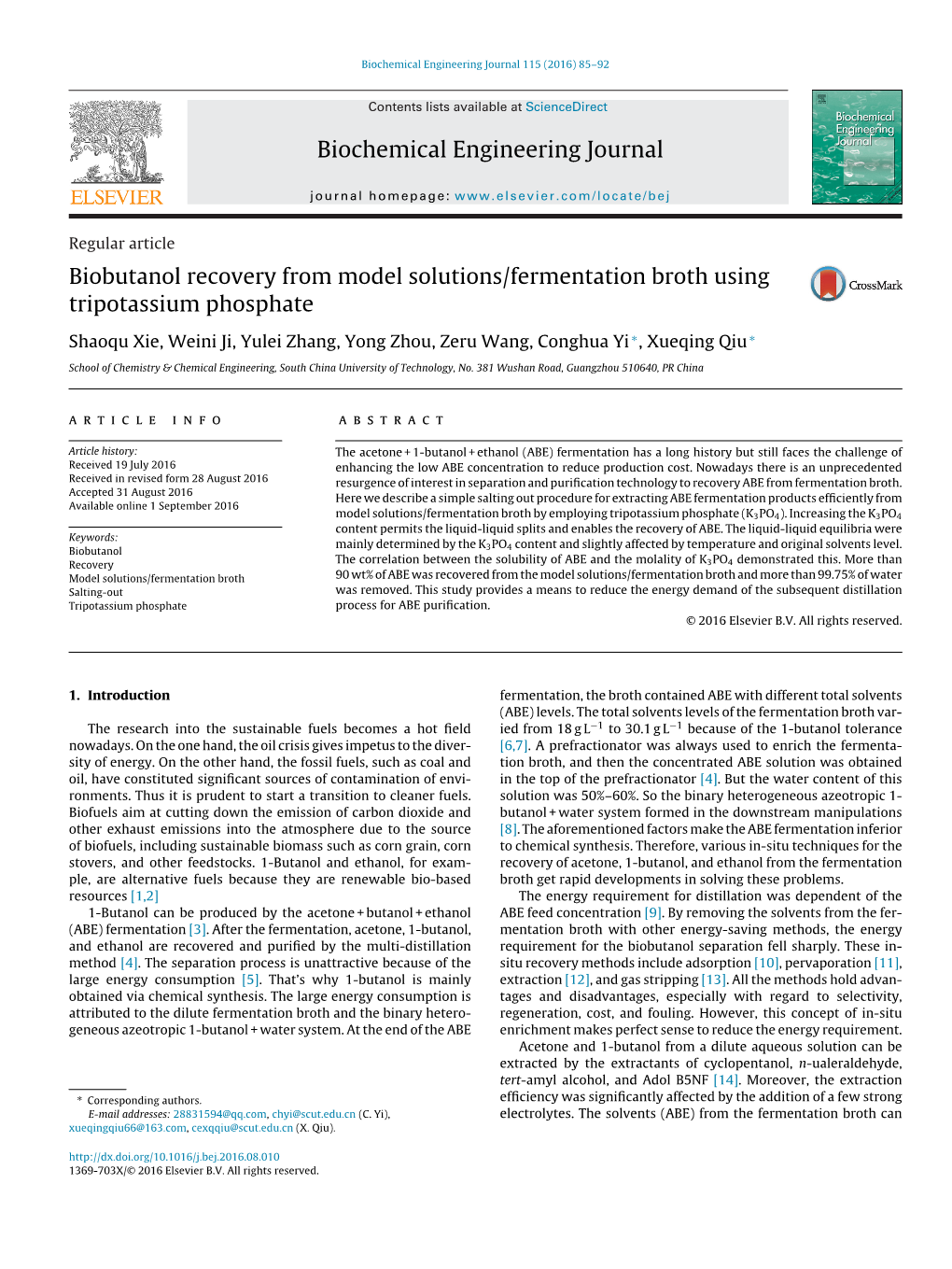 Biobutanol Recovery from Model Solutions/Fermentation Broth Using Tripotassium Phosphate