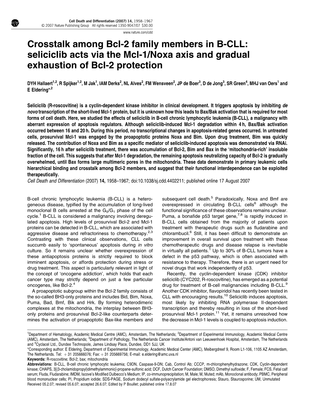 Crosstalk Among Bcl-2 Family Members in B-CLL: Seliciclib Acts Via the Mcl-1/Noxa Axis and Gradual Exhaustion of Bcl-2 Protection