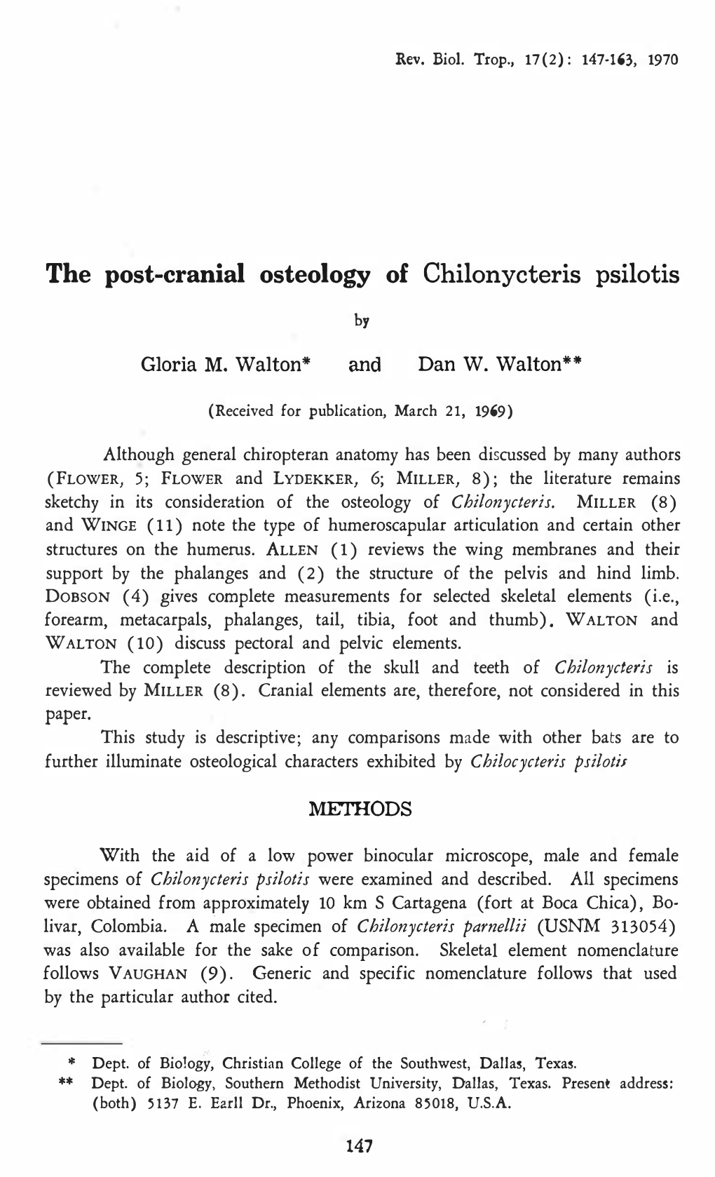 The Post-Cranial Osteology of Chilonycteris Psilotis