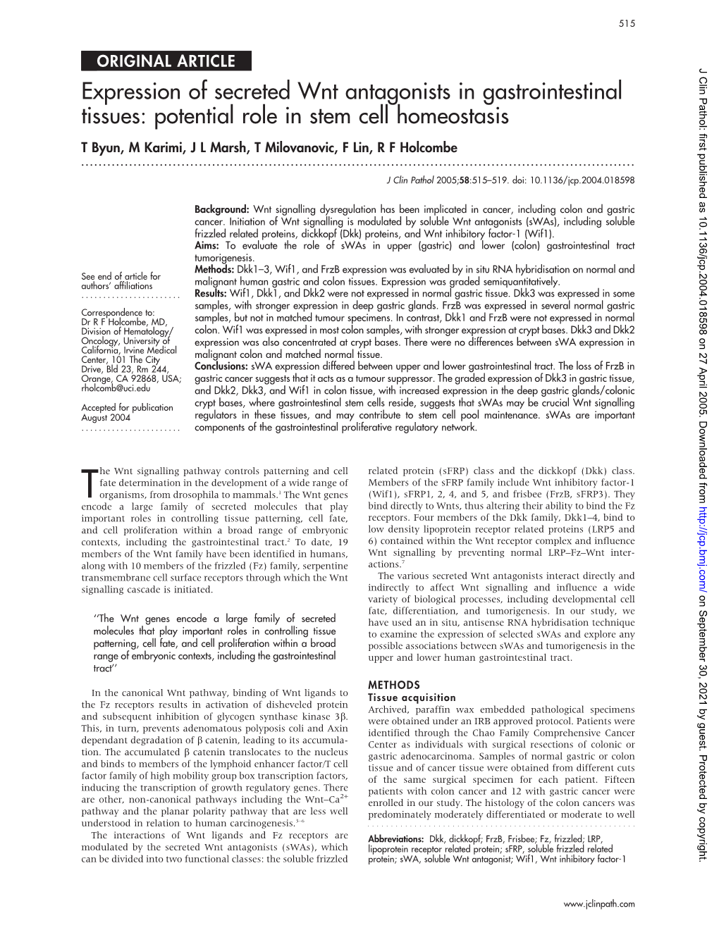 Expression of Secreted Wnt Antagonists in Gastrointestinal Tissues