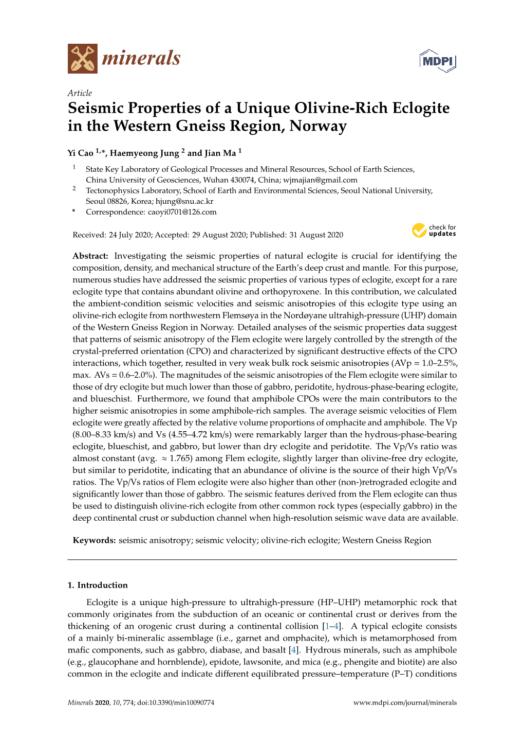 Seismic Properties of a Unique Olivine-Rich Eclogite in the Western Gneiss Region, Norway