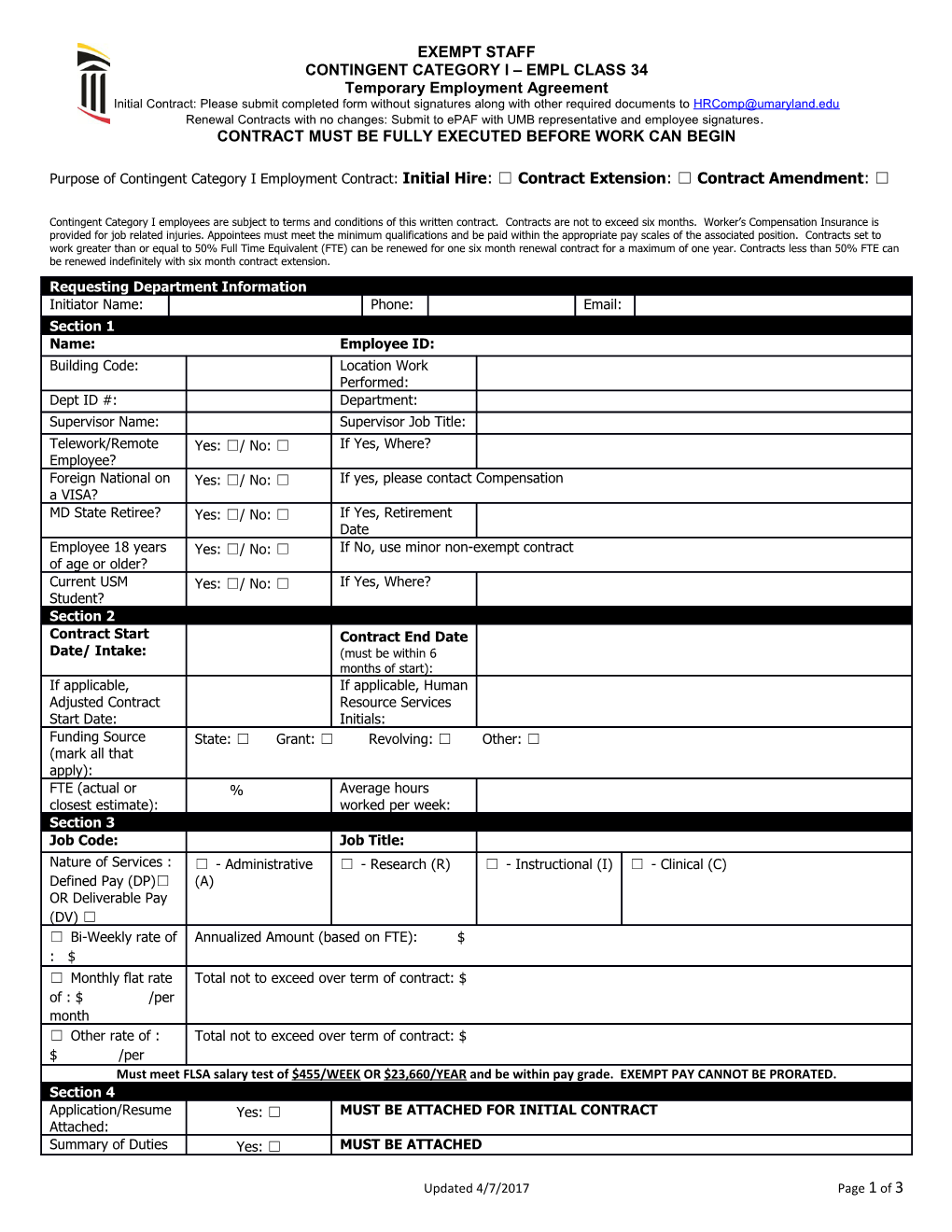 Purpose of Contingent Category I Employment Contract: Initial Hire: Contract Extension