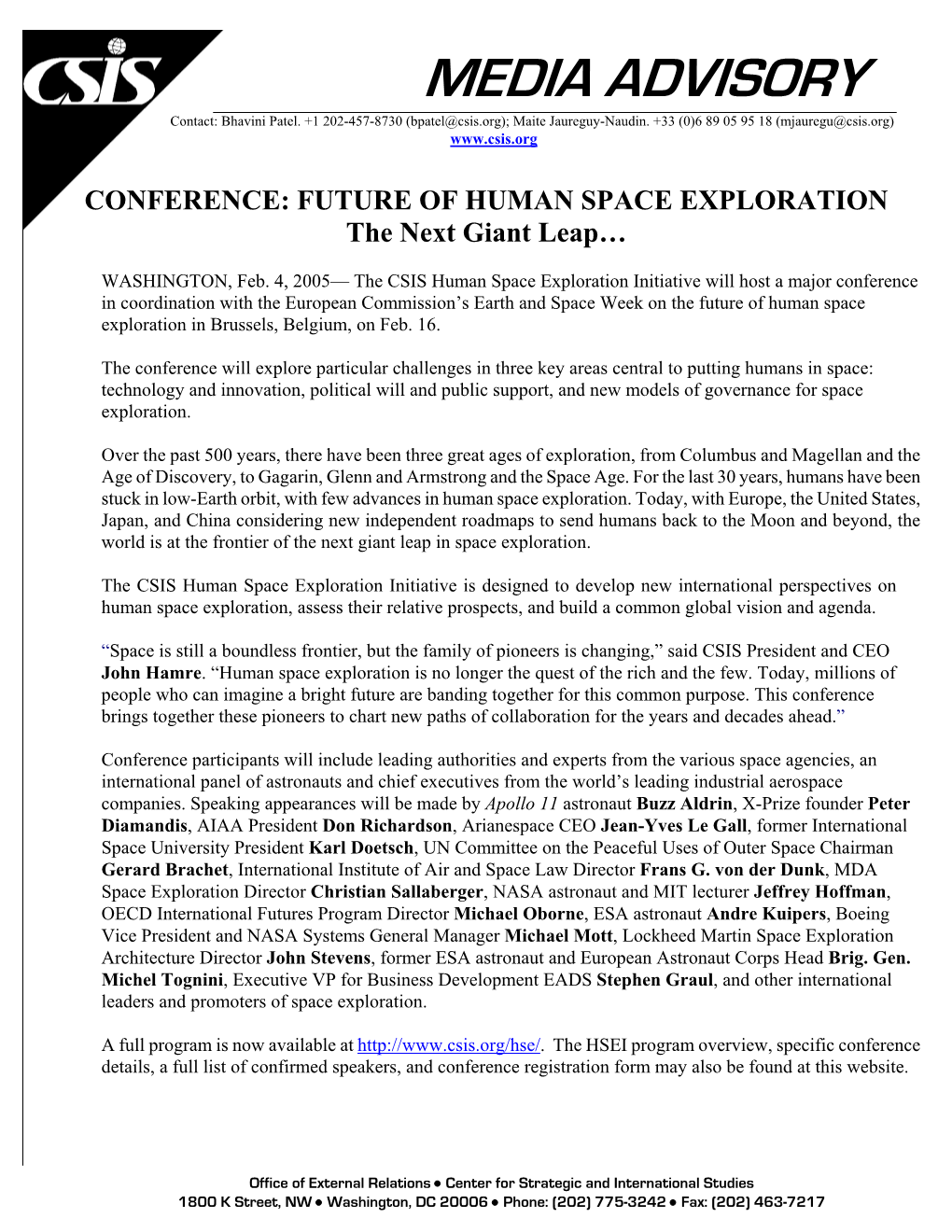 CONFERENCE: FUTURE of HUMAN SPACE EXPLORATION the Next Giant Leap…