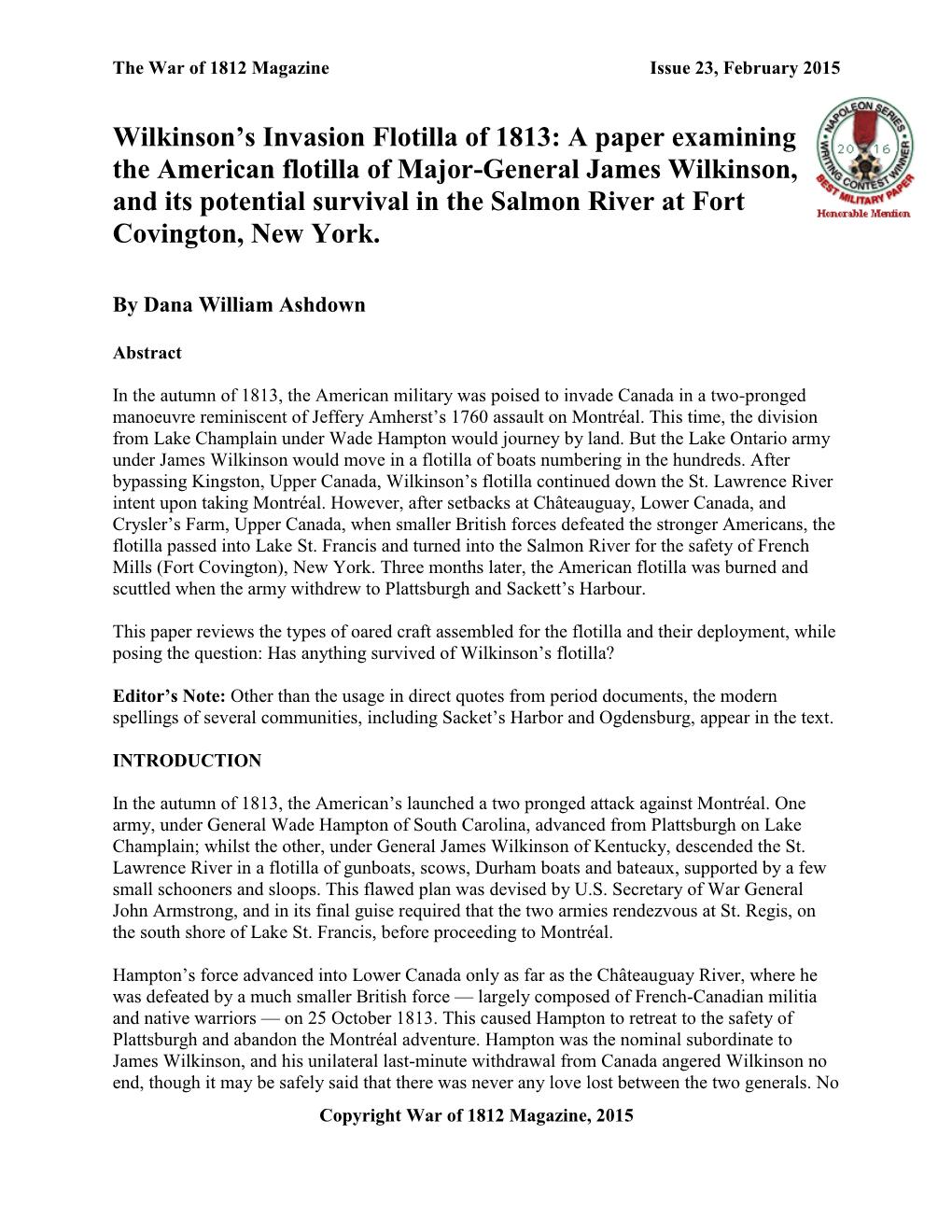 Wilkinson's Invasion Flotilla of 1813: a Paper Examining the American