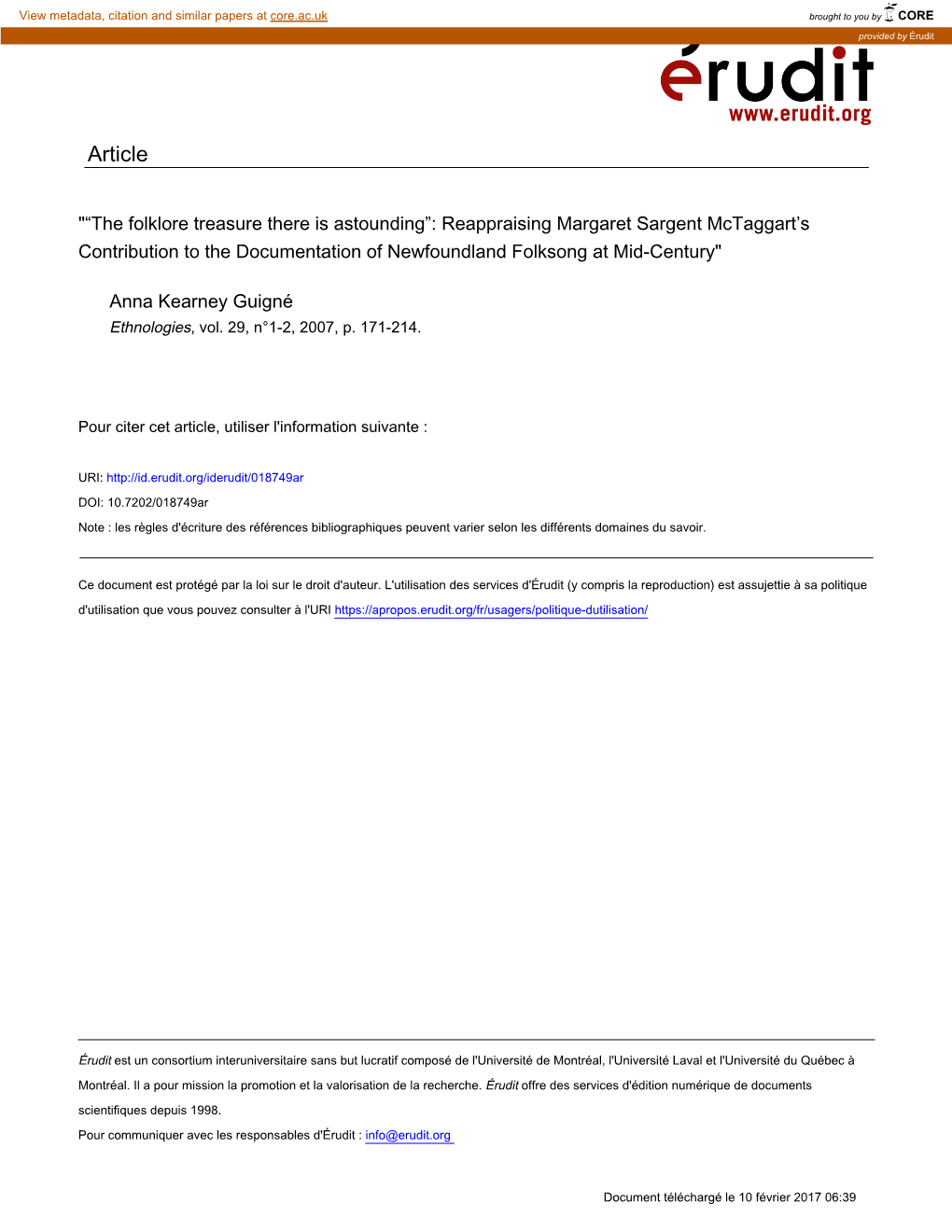 The Folklore Treasure There Is Astounding”: Reappraising Margaret Sargent Mctaggart’S Contribution to the Documentation of Newfoundland Folksong at Mid-Century