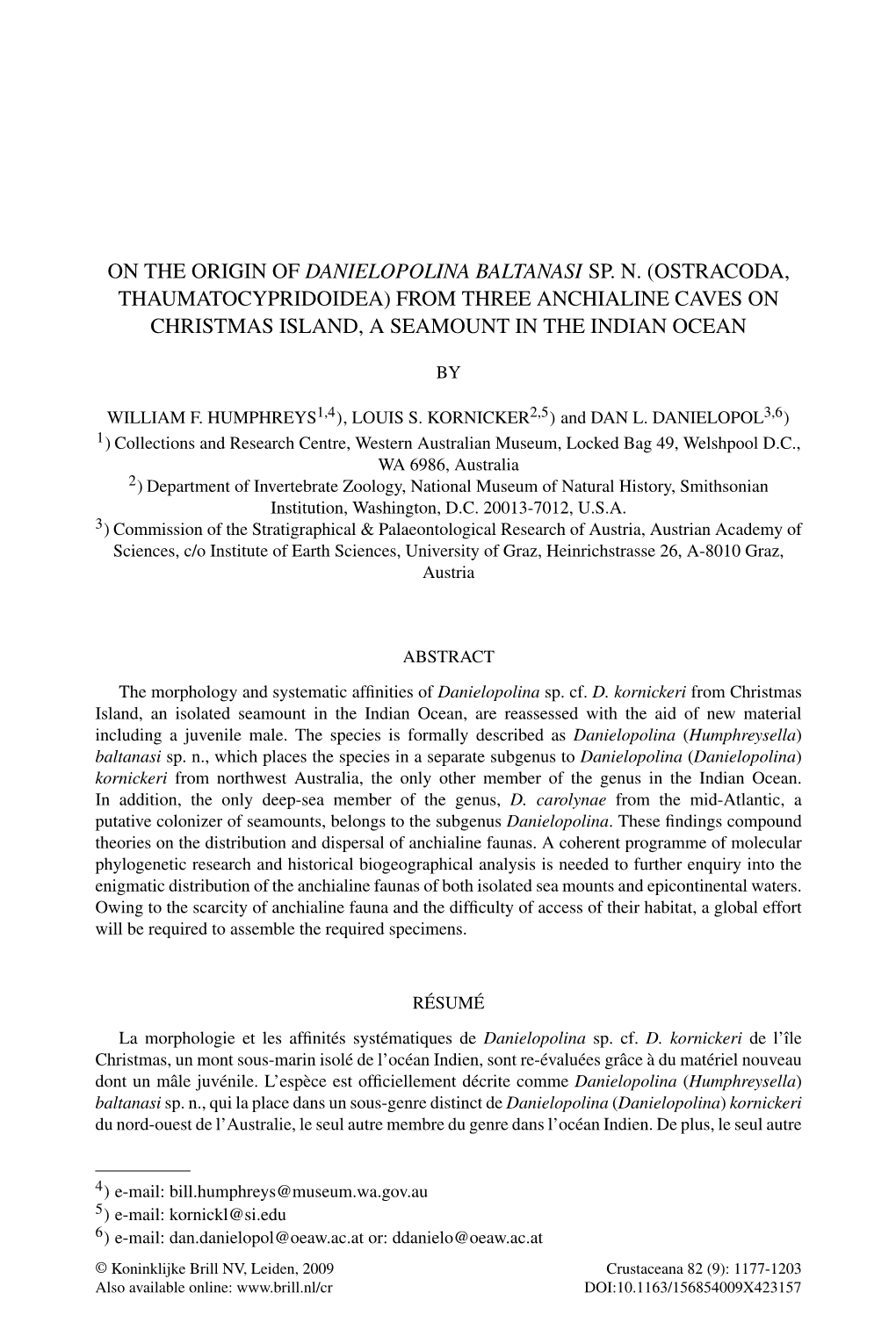 On the Origin of Danielopolina Baltanasi Sp. N. (Ostracoda, Thaumatocypridoidea) from Three Anchialine Caves on Christmas Island, a Seamount in the Indian Ocean