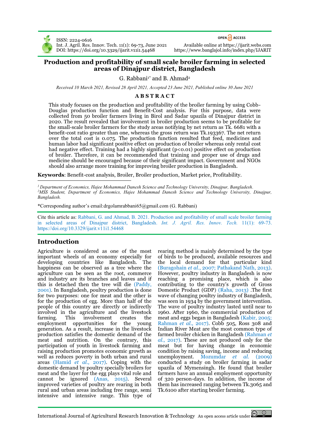 Production and Profitability of Small Scale Broiler Farming in Selected Areas of Dinajpur District, Bangladesh