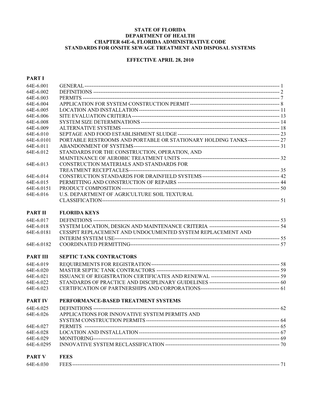 Chaptert 64E-6, Florida Administrative Code, Standards for Onsite Treatment and Disposal Systems