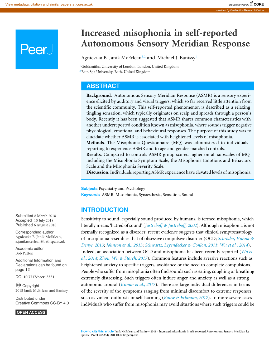 Increased Misophonia in Self-Reported Autonomous Sensory Meridian Response