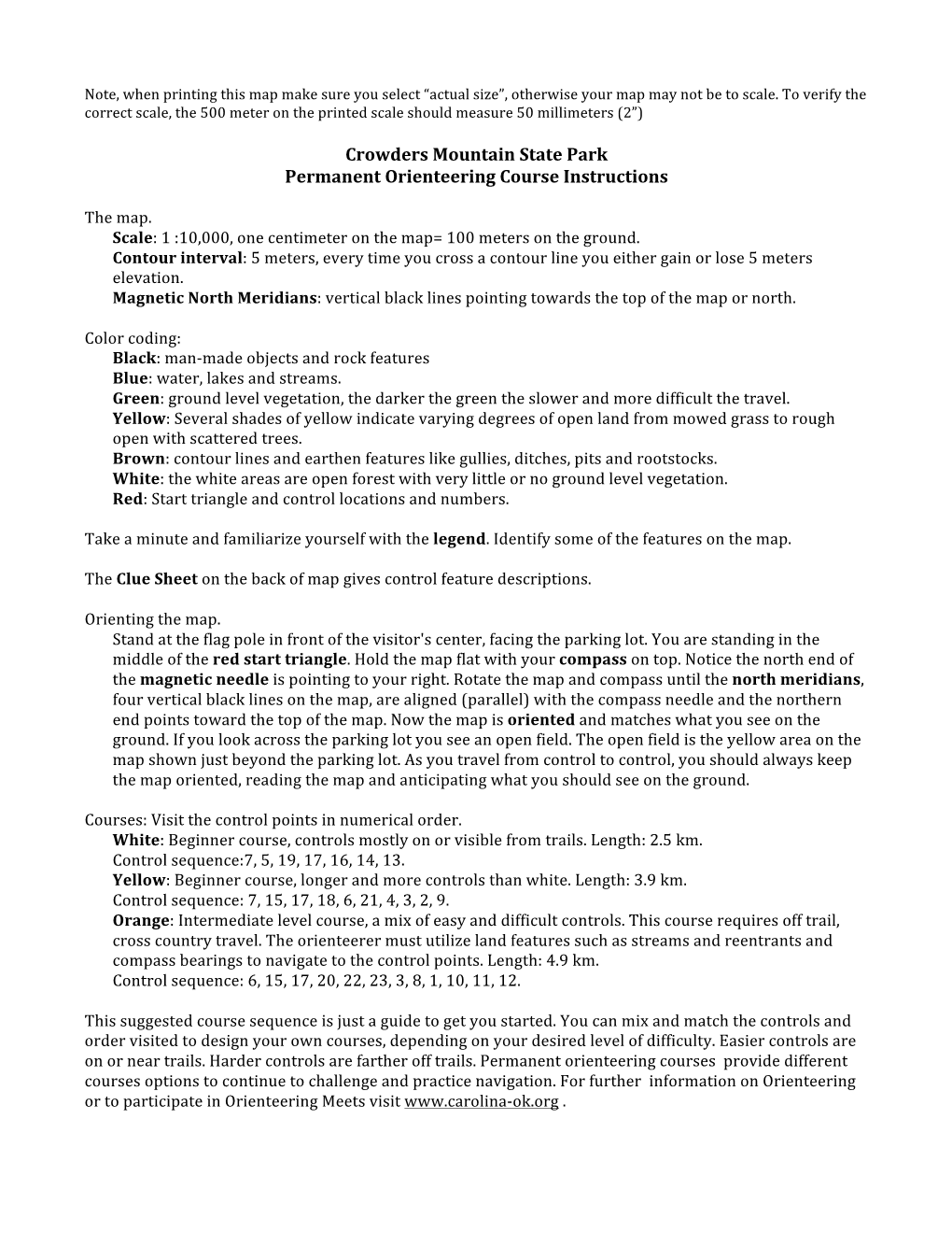 Crowders Mountain State Park Permanent Orienteering Course Instructions