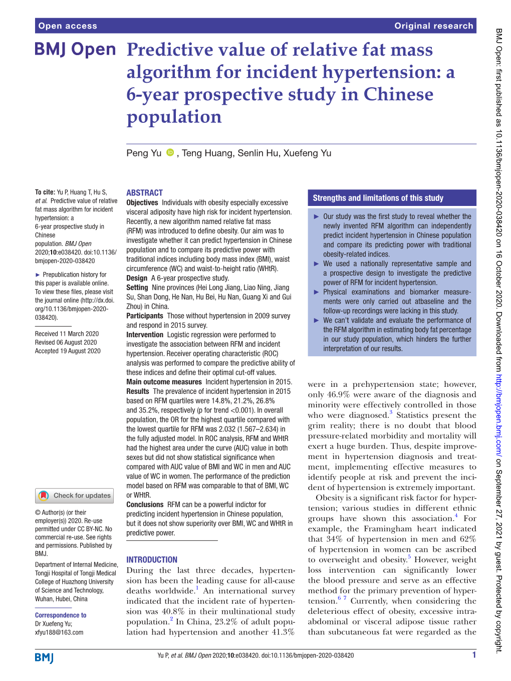 Predictive Value of Relative Fat Mass Algorithm for Incident Hypertension: a 6-­Year Prospective Study in Chinese Population