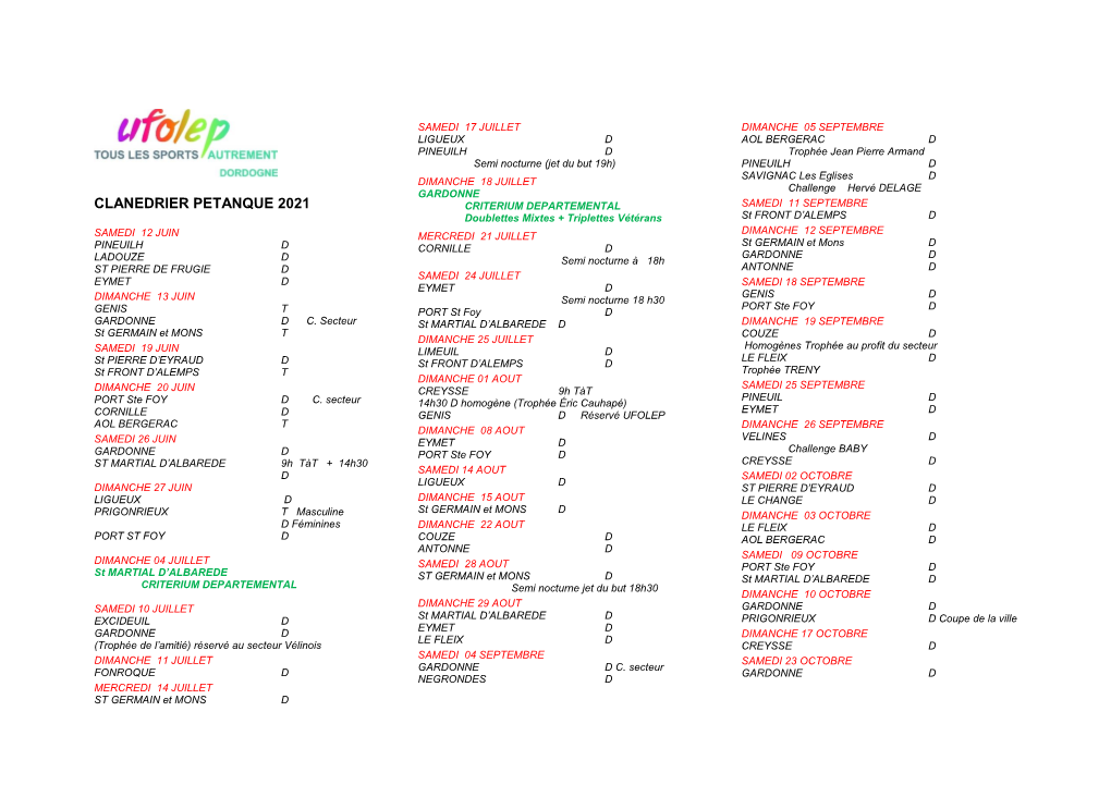 Calendrier Ufolep Dordogne