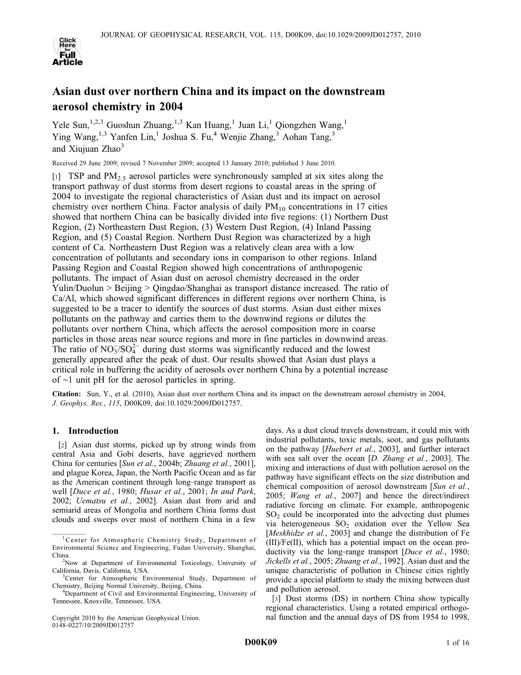 Asian Dust Over Northern China and Its Impact on the Downstream Aerosol