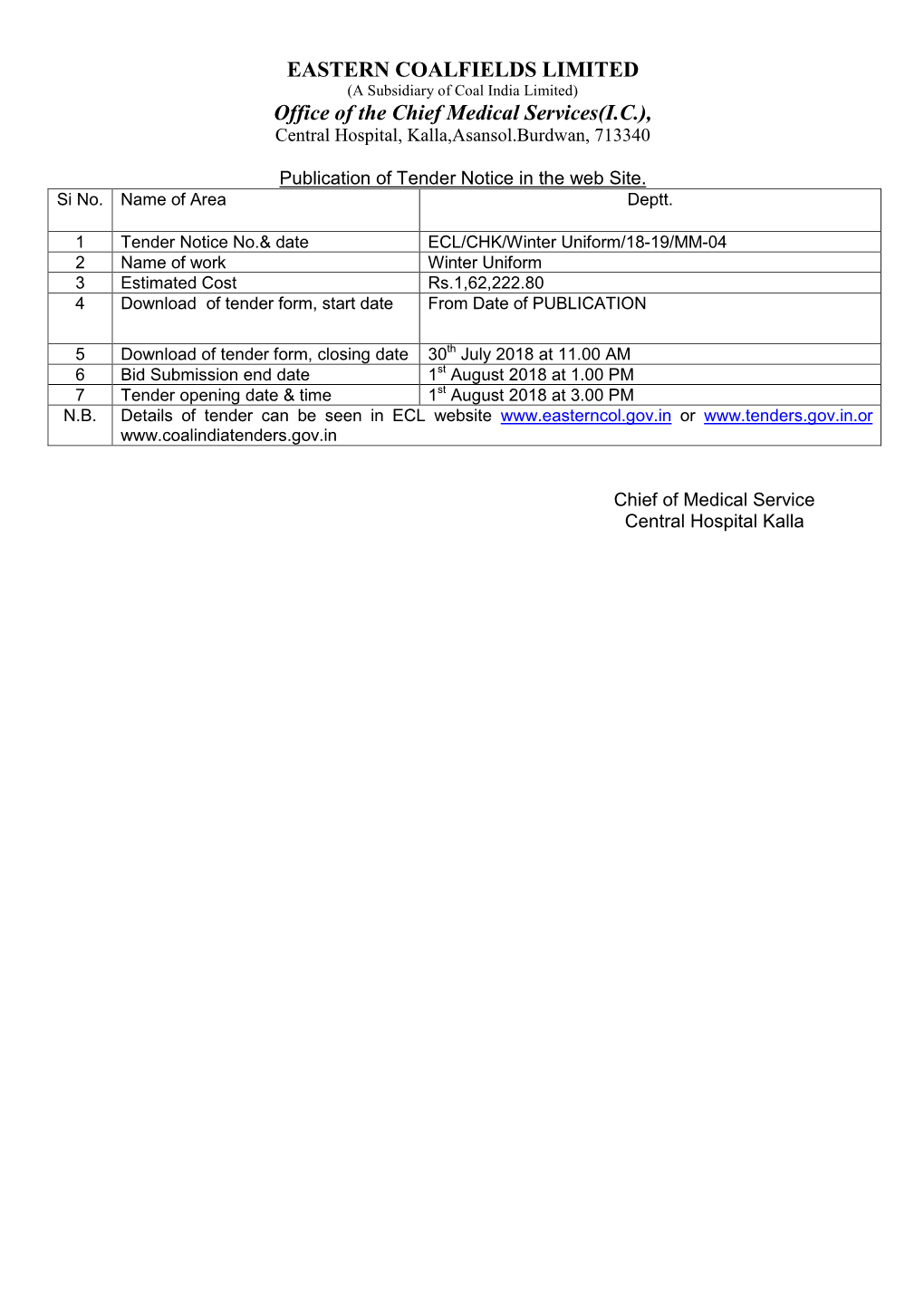 EASTERN COALFIELDS LIMITED Office of the Chief Medical Services(IC)