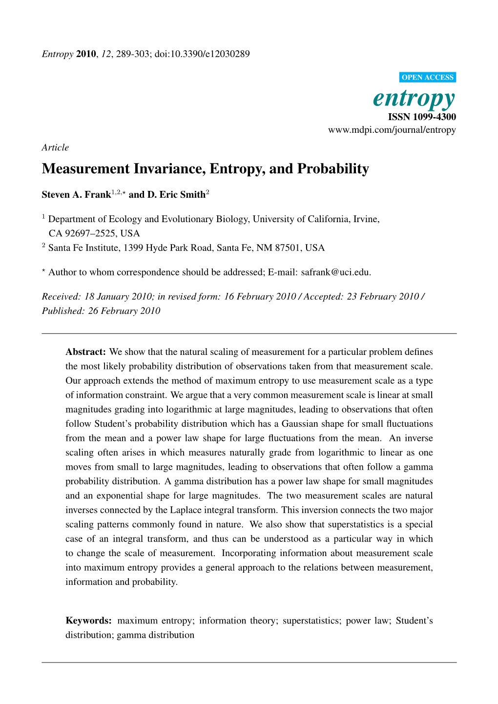 Measurement Invariance, Entropy, and Probability