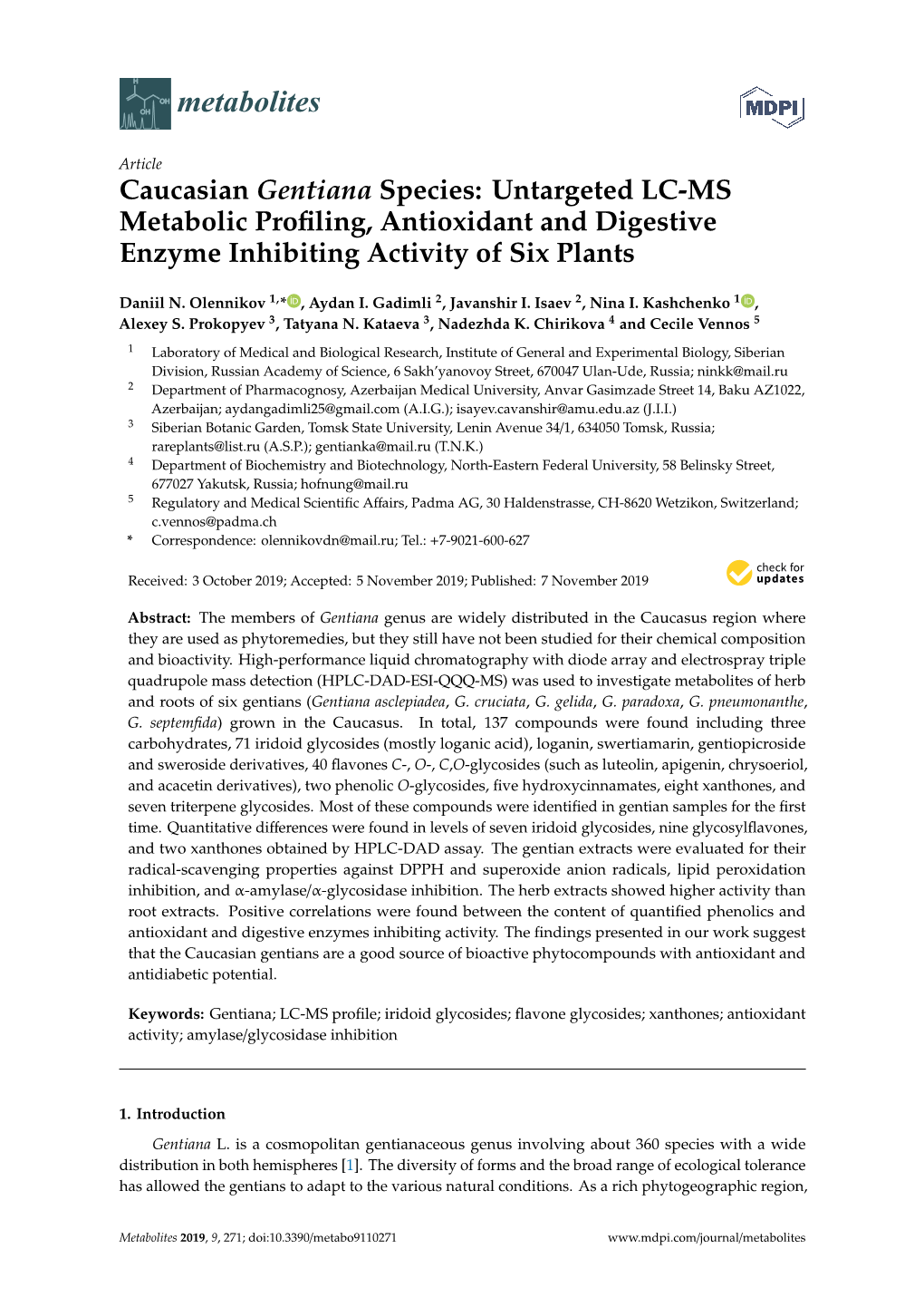 Caucasian Gentiana Species: Untargeted LC-MS Metabolic Proﬁling, Antioxidant and Digestive Enzyme Inhibiting Activity of Six Plants