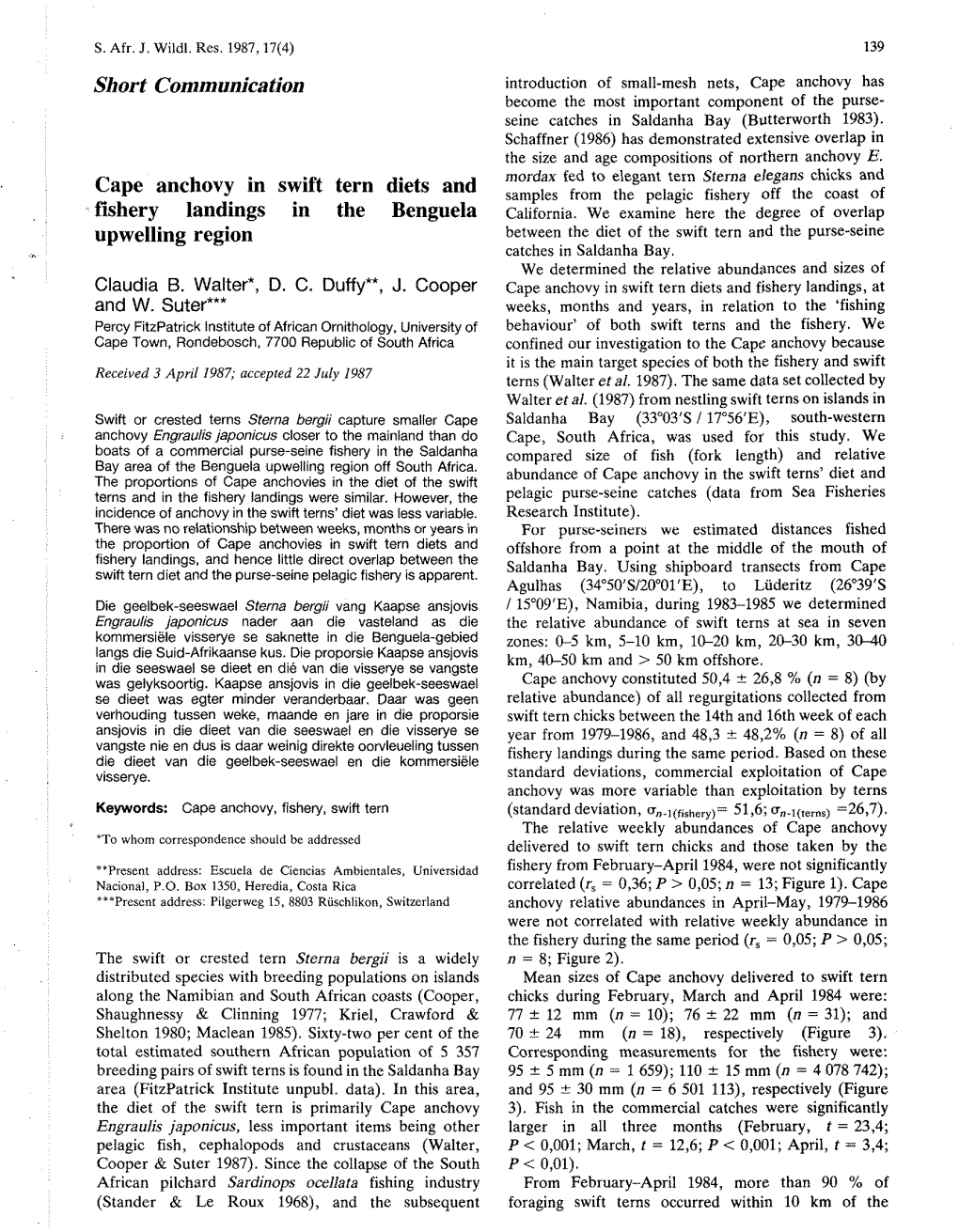 Short Communication Cape Anchovy in Swift Tern Diets and Fishery Landings in the Benguela Upwelling Region