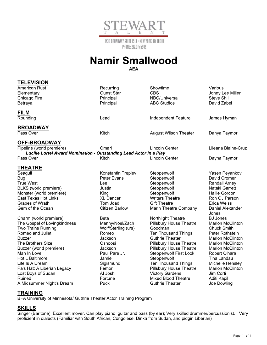 Namir Smallwood Theatrical Resume